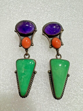 Vintage Signed REVE Large Earrings Amethyst Coral Jadeite Dangle Sterling Silver
